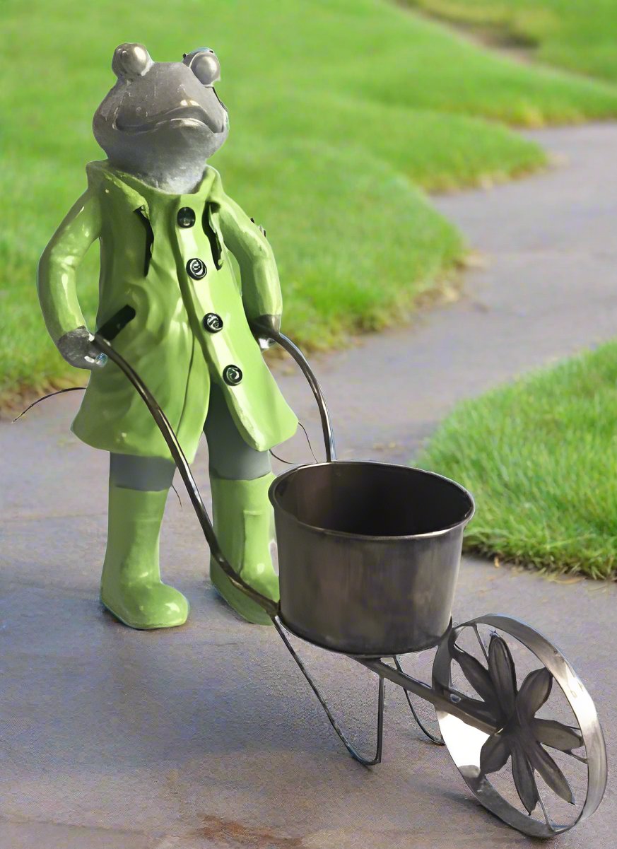 Quirky Frog Pushing Wheelbarrow